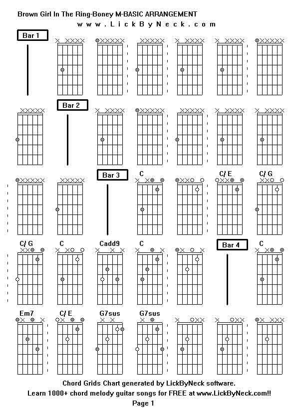 Chord Grids Chart of chord melody fingerstyle guitar song-Brown Girl In The Ring-Boney M-BASIC ARRANGEMENT,generated by LickByNeck software.